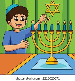 Hanukkah Boy Lighting Menorah Colored Cartoon