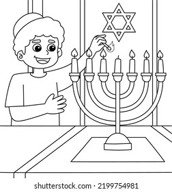 Hanukkah Boy Lighting Menorah Coloring Page 