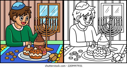 Hanukkah Boy lighting Menorah Illustration