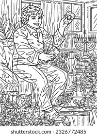 Hanukkah Boy Playing Cards Adults Coloring Page 