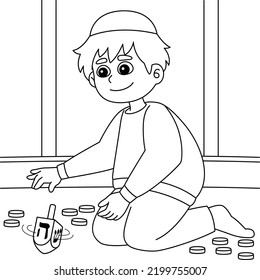 Hanukkah Boy Playing Dreidel Coloring Page 