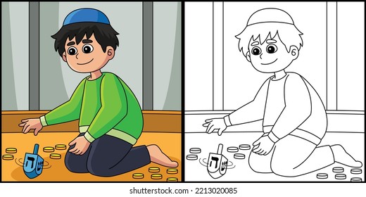 Hanukkah Boy Playing Dreidel Coloring Illustration