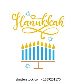 Hanukkah calligraphic lettering vector illustration with david star. The concept of celebration the traditional religious Jewish holiday. Menorah with burning candles.