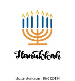 Hanukkah calligraphic lettering vector illustration. Menorah with blue burning candles. Traditional religious Jewish holiday celebration concept