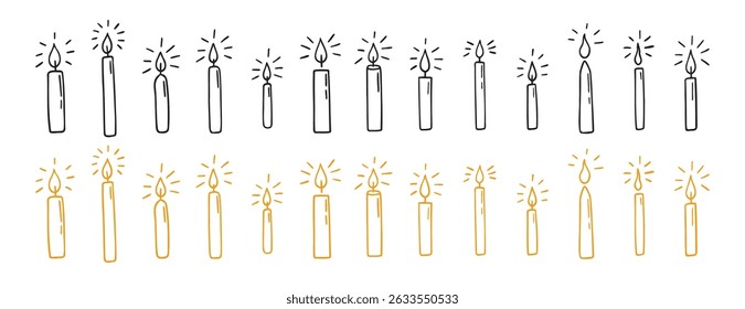 Hanukkah candles doodle hand drawn icon set. Outline Hanukkah candle flame drawing line clipart symbol collection. Vector illustration