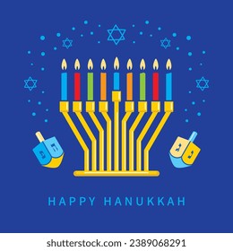 Hanukkah candles Menorah and dreidels with Hebrew traditional letters. Vector design for Happy Hanukkah - Jewish festival of Lights