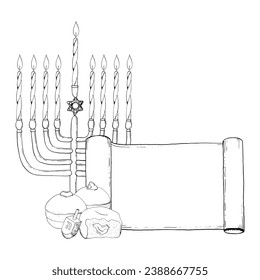 Hanukkah candles in menorah greeting card template with hanukkiah, donuts and dreidel vector illustration. Hand drawn Jewish holiday symbols