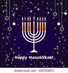 Hanukkah candles on the dark blue background with stars