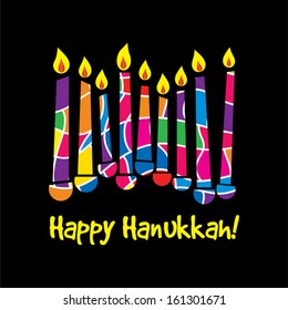 Hanukkah card with a candles, with text "happy hanukkah" 