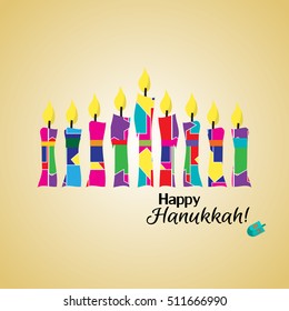 Hanukkah card with a colored  candles, with text "Happy hanukkah"