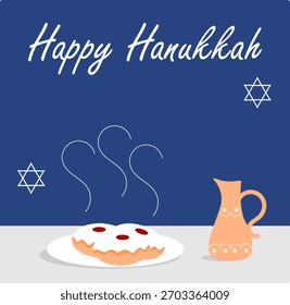 Cartão de Chanucá com menorá, sufganiyah, jarro de óleo e a inscrição "Feliz Chanucá"