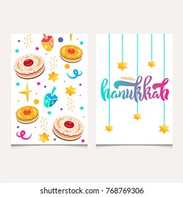Hanukkah card set greeting design. Hanukkah festive pattern and elements in flat style.  
Jewish holiday cards template. Hanukkah Calligraphy design style. Typography design with donuts  and dreidel.