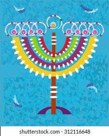 Hanukkah Card - Hanukkah card with stylized and colorful menorah on a decorative blue background. Eps10