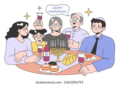 Hanukkah celebrating. Big family gathering on religious holiday. Judaism traditional dining, grandparents, woman, man and child at the table having a festive meal. Flat vector illustration