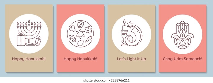 Hanukkah celebrating postcards with linear glyph icon set. Jewish festival. Greeting card with decorative vector design. Simple style poster with creative lineart illustration. Flyer with holiday wish