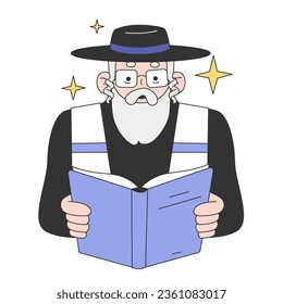 Hanukkah celebrating in a synagogue. Senior rabbi with a beard reads a prayer. Jewish old man reading a book. Gathering on religious holidays. Flat vector illustration