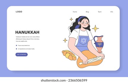 Hanukkah celebrating web banner or landing page. Happy female character making traditional jewish pastries, bread and donuts. Hanukkah festive dinner preparation. Flat vector illustration