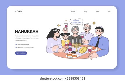 Hanukkah celebrating web banner or landing page. Big family gathering on religious holiday. Judaism traditional dining, grandparents, woman, man and child at the table having a festive meal.