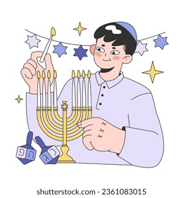 Hanukkah celebrating. Young man or rabbi wearing a kippah knitting nine candles of menorah. Gathering on religious holidays. Flat vector illustration