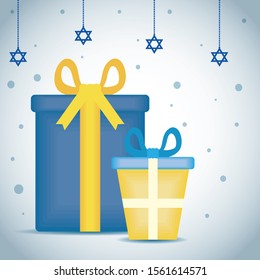 hanukkah celebration card with gifts and stars hanging vector illustration design