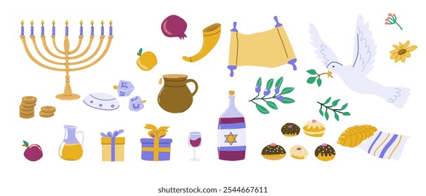 Elemente der Hanukka-Feier: Menorah, Dreidel, Geschenke und traditionelle Symbole illustriert.