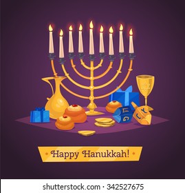 Hanukkah celebration. Great world wide jewish holiday.  Composition of colorful elements. Stock flat vector illustration set.