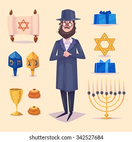 Hanukkah celebration. Great world wide jewish holiday.  Set of colorful elements. Stock flat vector illustration set.