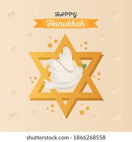 hanukkah celebration jewish star with dove flying and lettering vector illustration design