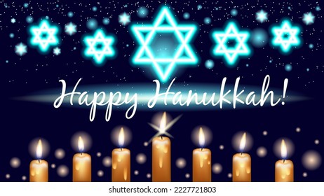 Hanukkah celebration Magic card. Realistic vector candles, Jewish shining stars and particles. Stock illustration Happy Hanukkah! in EPS10.