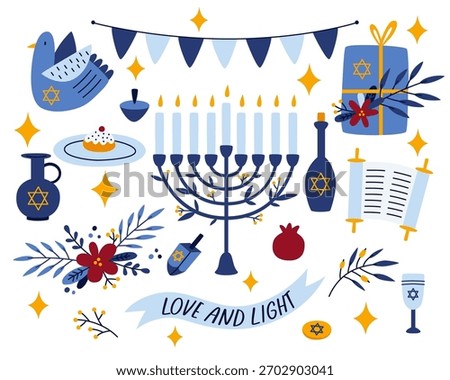 Hanukkah Celebration Set Vector Illustration. Menorah, dreidels, and festive elements. This colorful design highlights traditional icons for the Jewish holiday of Hanukkah