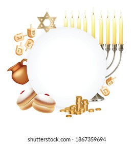 Hanukkah celebration symbols attributes realistic circular composition with six pointed david star menora candelabrum moon vector illustration 