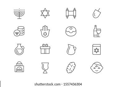 Hanukkah celebration thin line vector icons. Editable stroke.