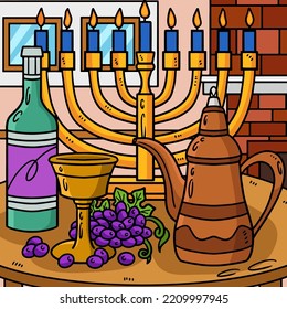 Hanukkah Chalice and Oil Decanter Colored Cartoon