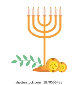 hanukkah chandelier and coins golden vector illustration design