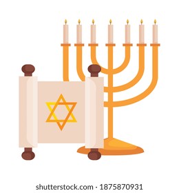 hanukkah chandelier golden with petchment roll vector illustration design