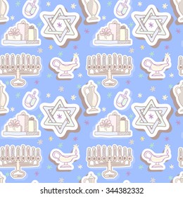 Hanukkah Chanukah jewish holiday Seamless Pattern. Doodle symbols vector. Hand drawn sketch - background with Star of David, Menorah, Dreidel, Donuts, Torah; Jar; Glass; Oil Lamp; Coins and Gift Box