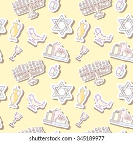 Hanukkah Chanukah jewish holiday Seamless Pattern. Doodle symbols vector. Hand drawn sketch - background with Star of David, Menorah, Dreidel, Donuts, Torah; Jar; Glass; Oil Lamp; Coins and Gift Box