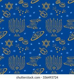 Hanukkah Chanukah traditional jewish holiday Seamless Pattrern. Doodle symbols ink draw vector. Hand drawn sketch - Happy Chanukah background with Star of David, Menorah, Dreidel, Donuts, Torah