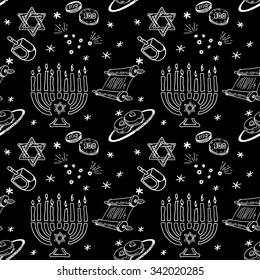 Hanukkah Chanukah traditional jewish holiday Seamless Pattrern. Doodle symbols ink draw vector. Black and white Hand drawn sketch Chanukah background with Star of David, Menorah, Dreidel, Donut, Torah