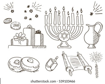 Hanukkah Chanukah traditional jewish holiday doodle symbols set ink draw vector illustration. Hand drawn sketch set