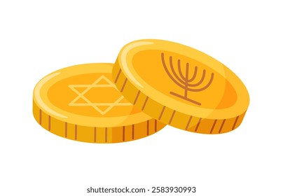 Hanukkah coins with Jewish symbols Magen David and Menorah. Hand drawn trendy flat style isolated Happy Hanukkah icon. Vector elements