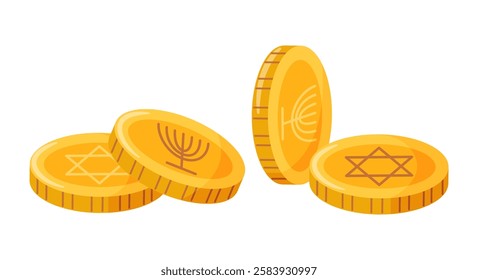 Hanukkah coins with Jewish symbols Magen David and Menorah. Hand drawn trendy flat style isolated Happy Hanukkah icon. Vector elements