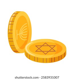 Hanukkah coins with Jewish symbols Magen David and Menorah. Hand drawn trendy flat style isolated Happy Hanukkah icon. Vector elements