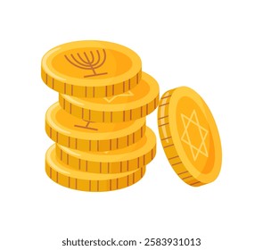 Hanukkah coins with Jewish symbols Magen David and Menorah. Hand drawn trendy flat style isolated Happy Hanukkah icon. Vector elements