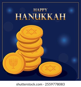 Hanukkah coins and menorah glowing festive design Vector