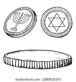 Hanukkah coins set decorated with Star of David ink sketch vector illustration in black and white