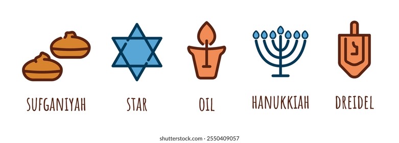 Hanukkah  colorful icons set. Jewish religion holiday. Vector illustration on white background