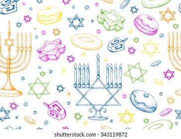 Hanukkah. Colorful seamless vector pattern. Israel festival of light. Vector illustration. Hand drawn. Menorah, sweets, dreidel. Holiday background.