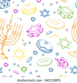Hanukkah. Colorful seamless vector pattern. Israel festival of light. Vector illustration. Hand drawn. Menorah, sweets, dreidel. Holiday background.