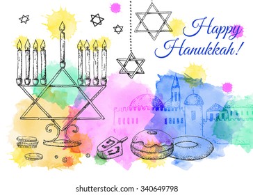 Hanukkah. Colorful template card. Israel festival of light. Vector illustration. Hand drawn. Watercolor. Menorah, sweets, old city.